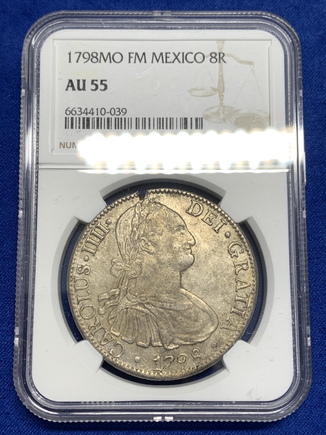 《竞宝斋》第173场-周日，周一2场 (全场包邮) NGC AU55 墨西哥 1798年卡4 82双柱大银币 双面深打 顶部铸缺 恰到好处