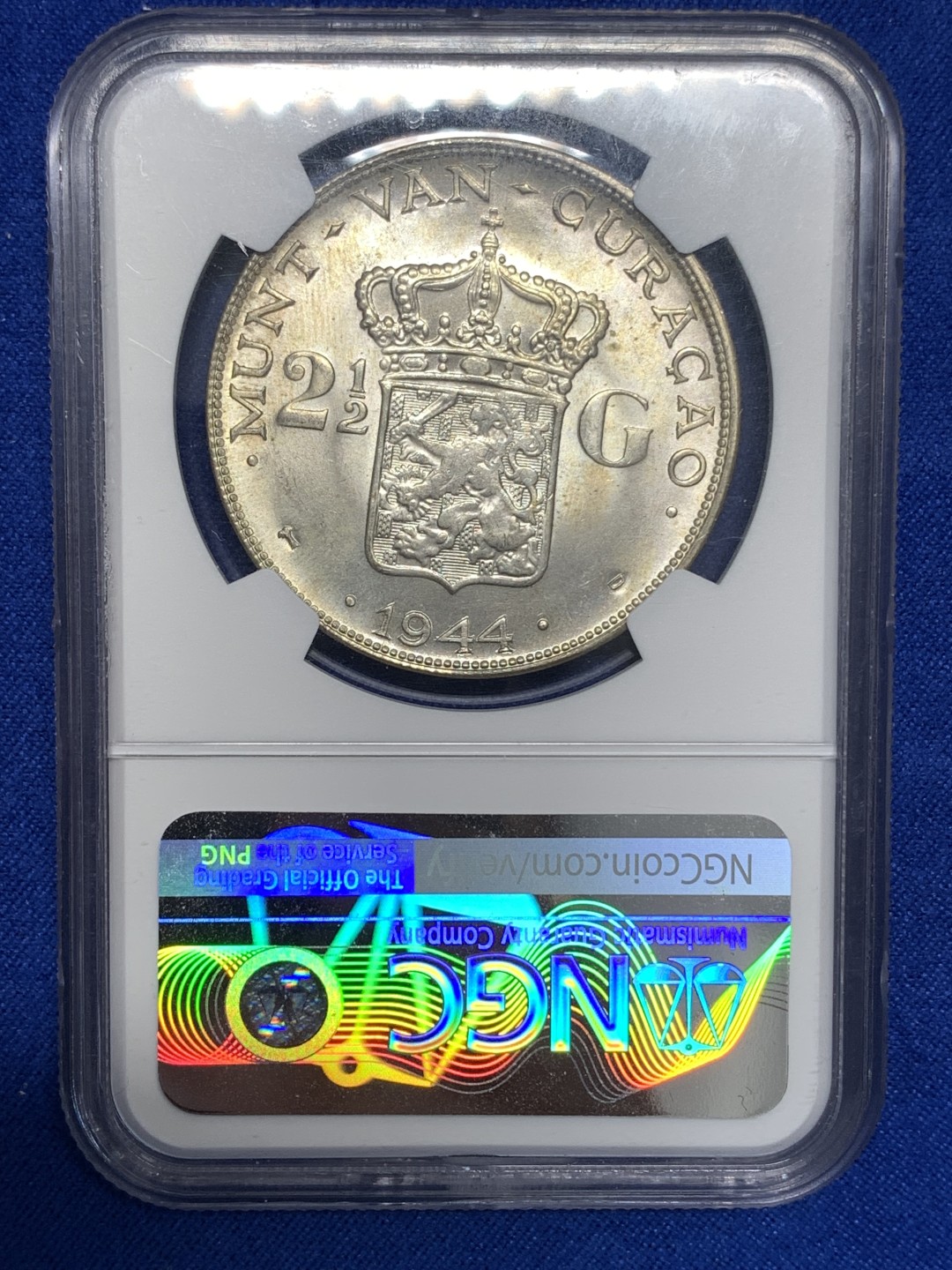 《竞宝斋》第173场-周日，周一2场 (全场包邮) NGC-MS65 1944年荷属库拉索2.5盾银币，国内罕见高分，一枚毕业