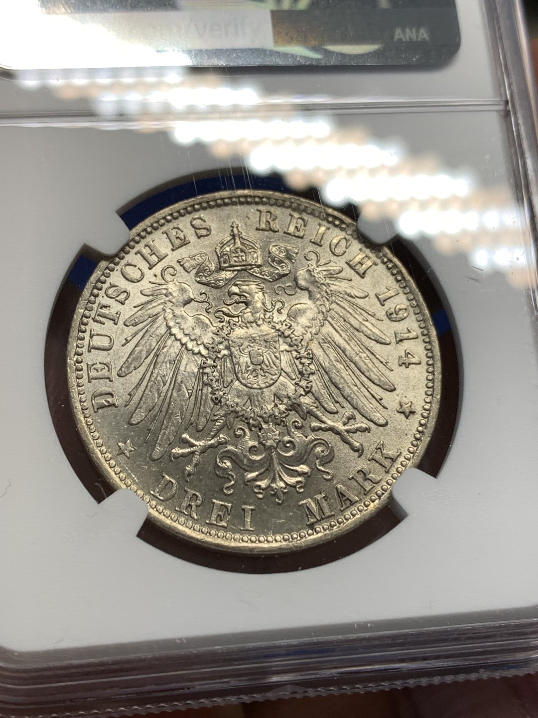 《竞宝斋》第173场-周日，周一2场 (全场包邮) NGC-MS63 德国1914D巴伐利亚3马克银币 转光强烈 较少见邦国马克 足够自藏品相