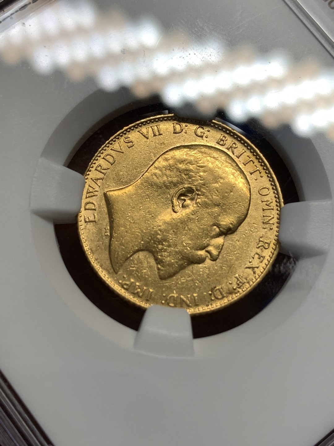 《竞宝斋》第173场-周日，周一2场 (全场包邮) NGC AU 英国 金币 1908年 爱德华七世 1索维林金币 重8克