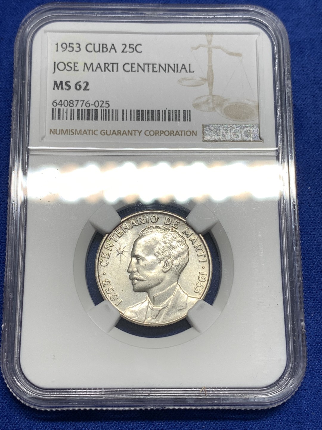 《竞宝斋》第173场-周日，周一2场 (全场包邮) NGC-MS62 古巴1953年 何塞马丁百年纪念 25分银币 转光好品