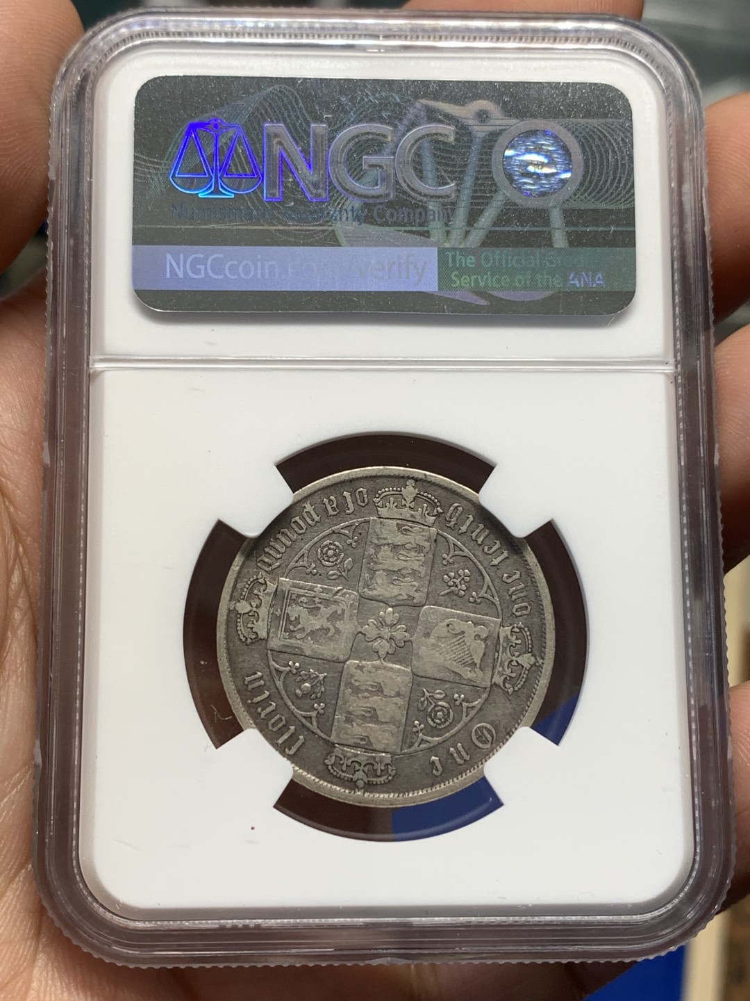 《竞宝斋》第173场-周日，周一2场 (全场包邮) NGC VF20 英国 银币 1872年 维多利亚 2先令 哥特体福林 原味包浆