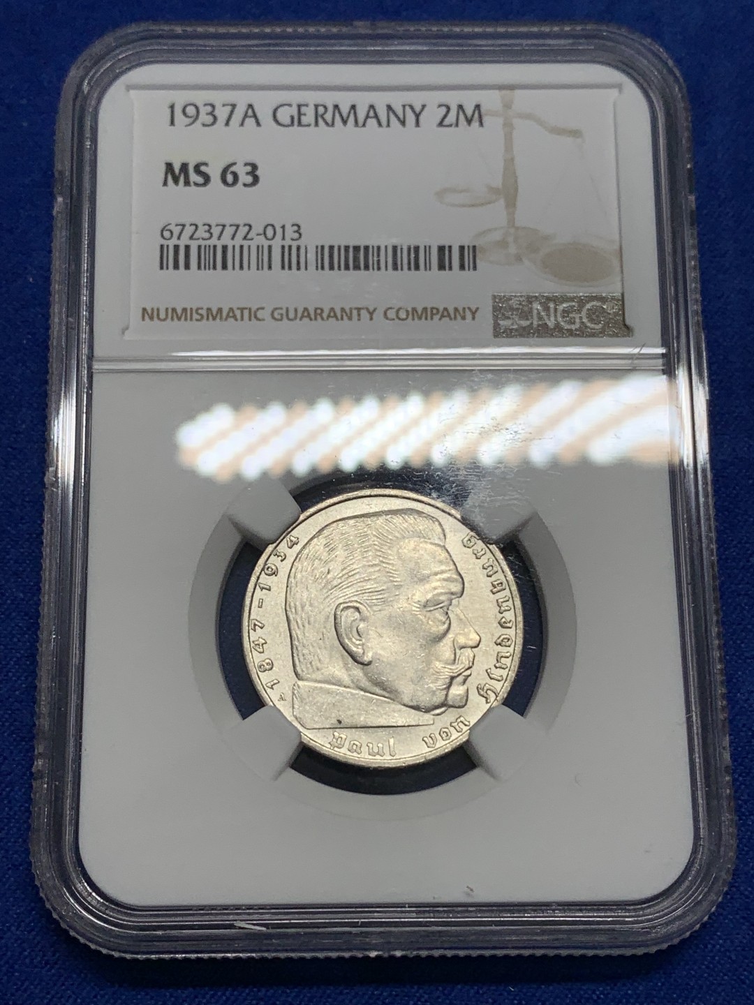 《竞宝斋》第173场-周日，周一2场 (全场包邮) NGC-MS63 德国1937A兴登堡2马克 转光强烈 银霜闪闪 经典品种 好状态不容易