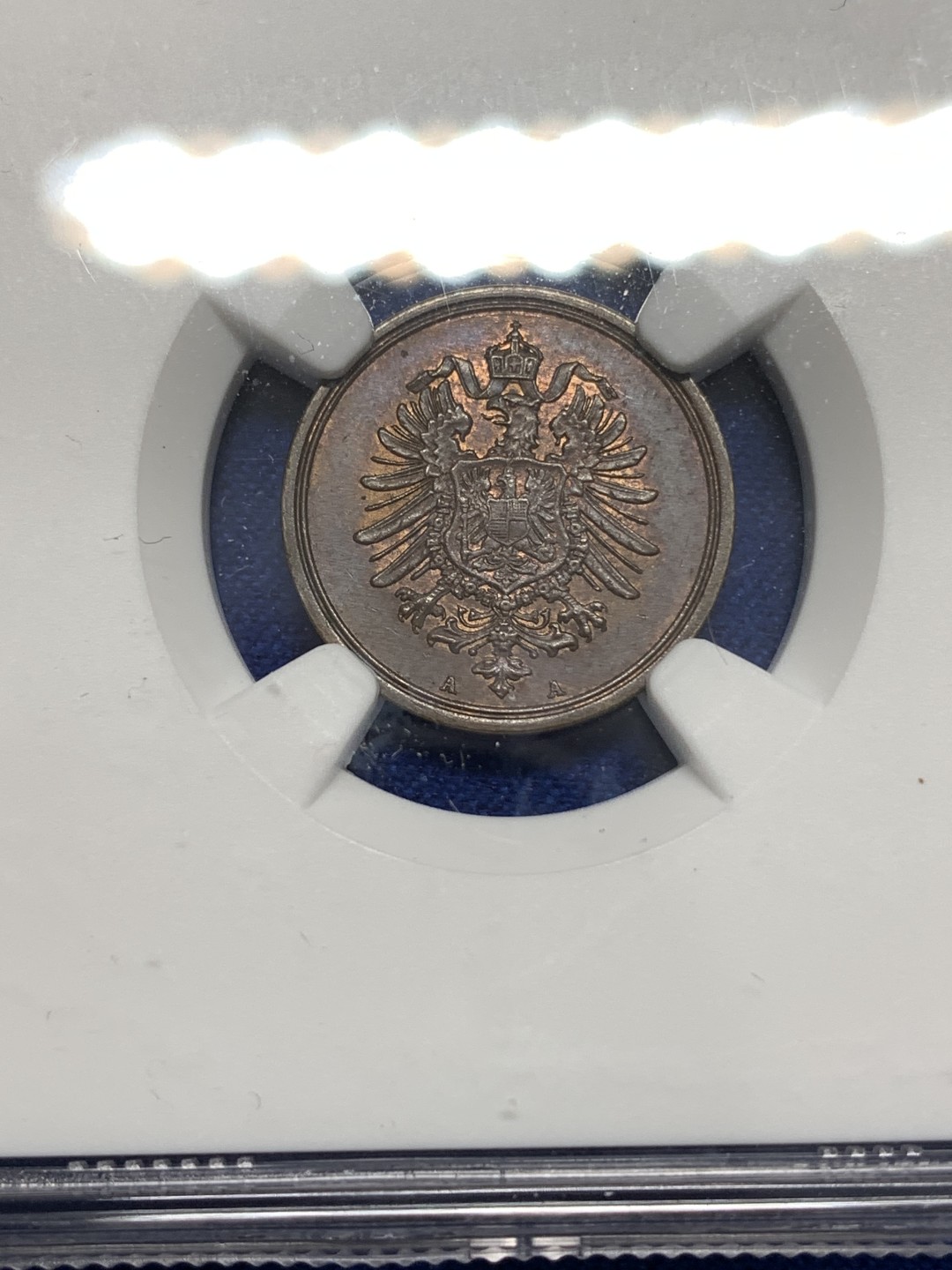 《竞宝斋》第173场-周日，周一2场 (全场包邮) NGC-MS62BN 德国1889A版1芬尼铜币 铜光包浆醇厚 帝国早期经典短翅鹰设计