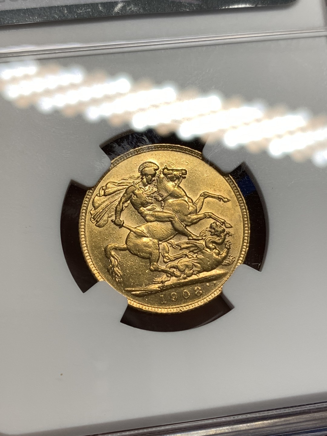 《竞宝斋》第173场-周日，周一2场 (全场包邮) NGC AU 英国 金币 1908年 爱德华七世 1索维林金币 重8克