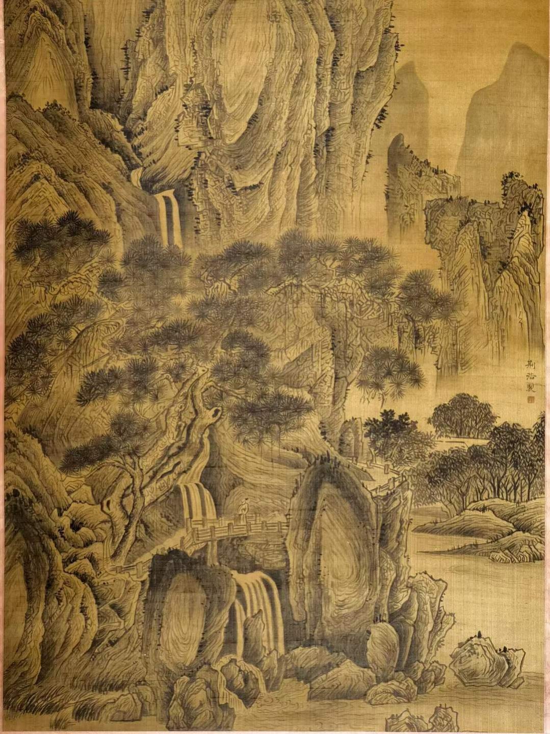 荆浩大六尺绢本山水。荆浩，五代后梁画家，（约850-911年），字浩然，号洪谷子，河内沁水，著名画家，北方山水画派之祖。