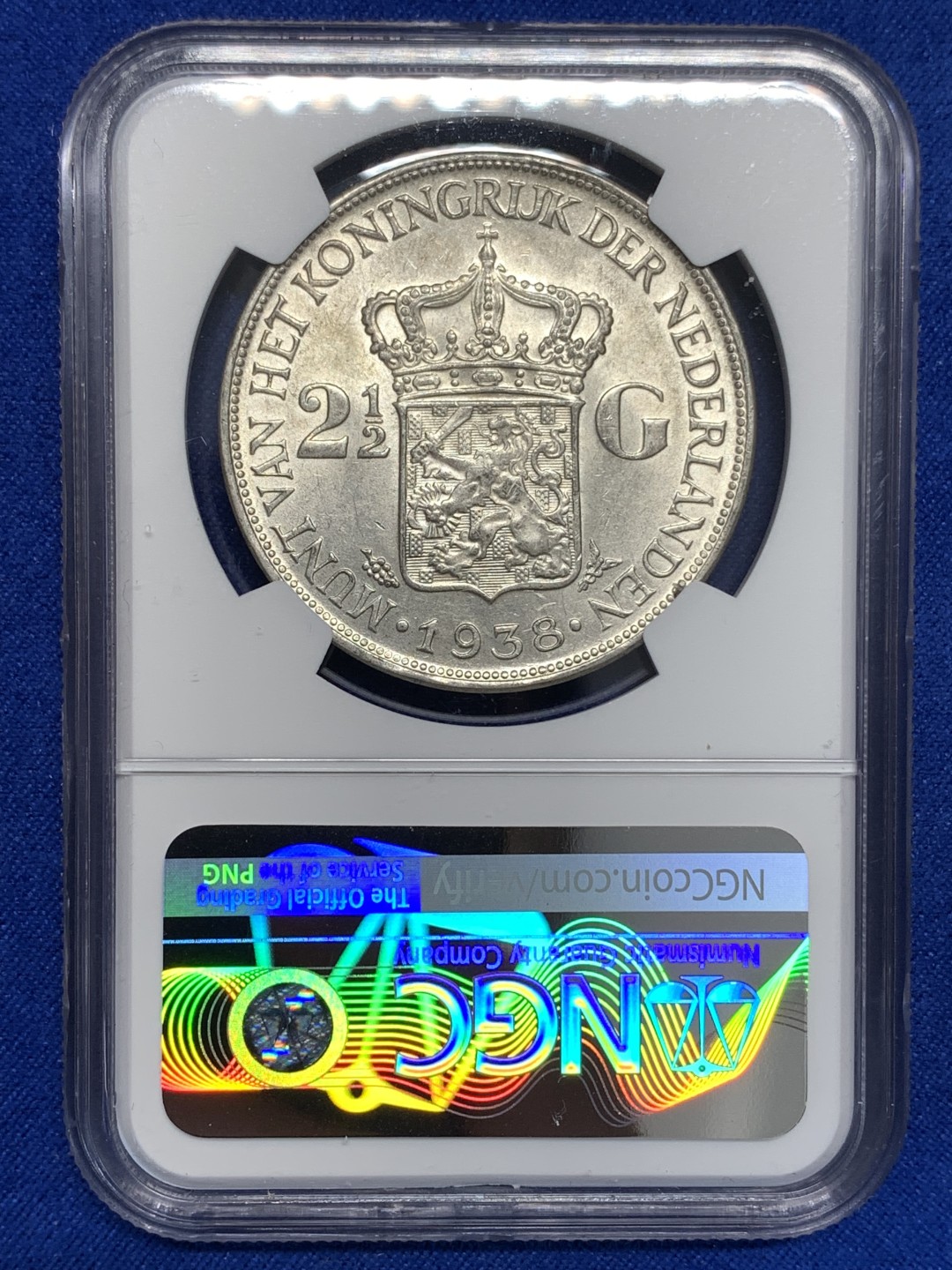 《竞宝斋》第173场-周日，周一2场 (全场包邮) NGC-MS62 荷兰1938年 威廉米娜女王 2.5盾 原光好品