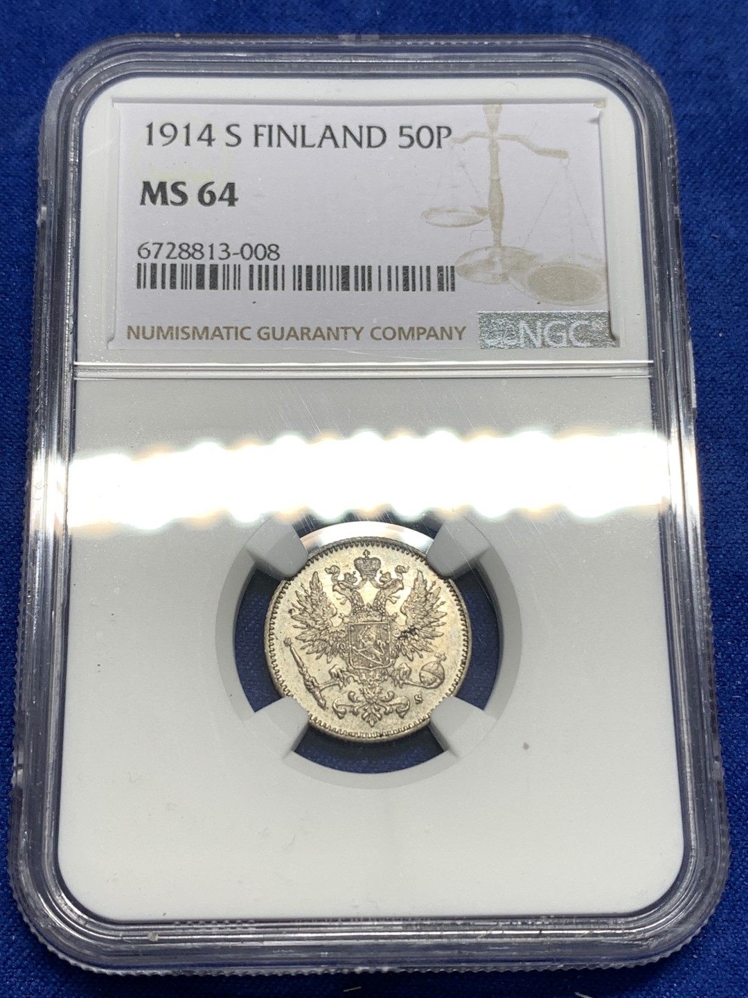 《竞宝斋》第173场-周日，周一2场 (全场包邮) NGC-MS64 芬兰1914年 双头鹰50P银币 好状态