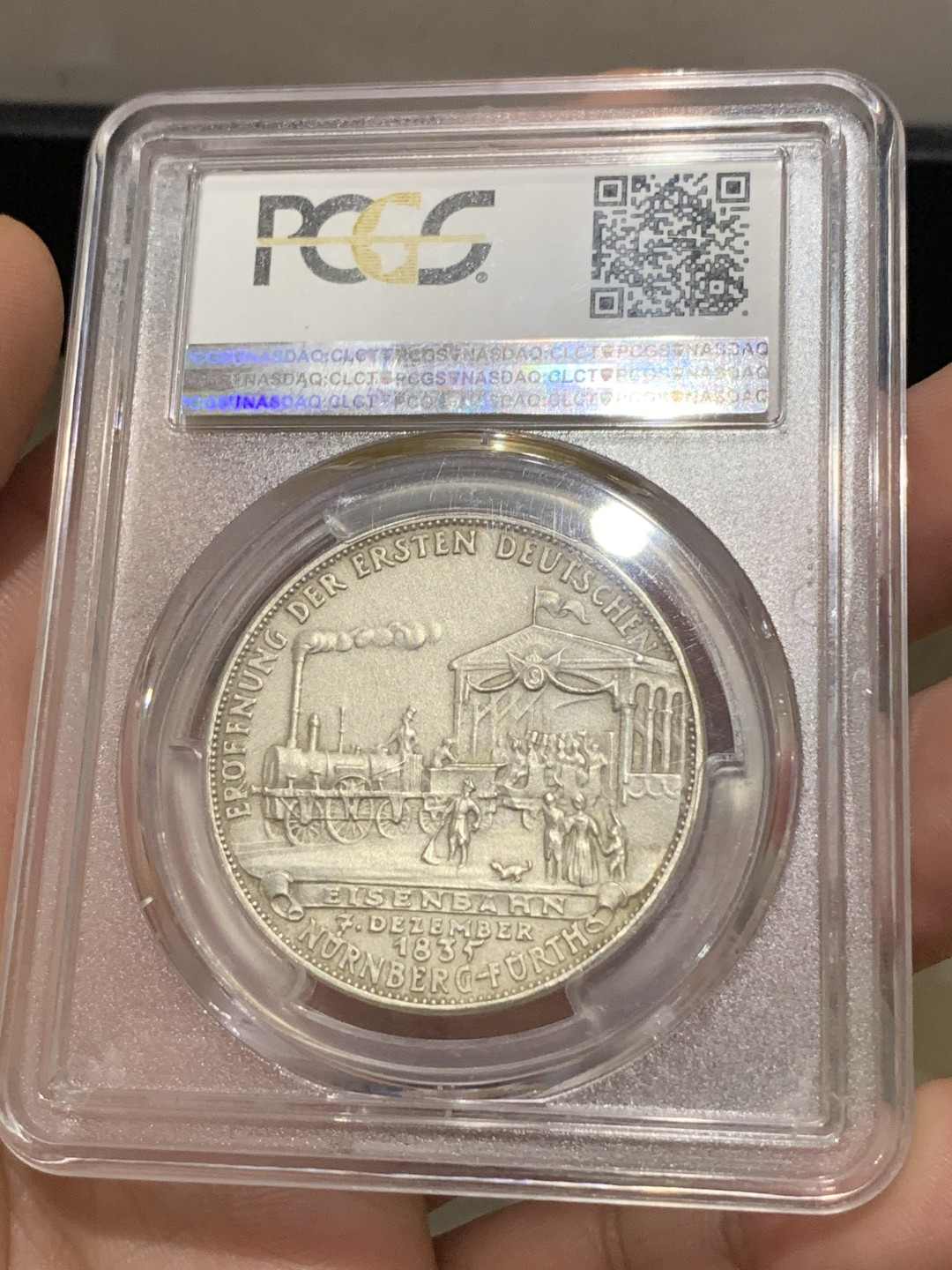 《竞宝斋》第173场-周日，周一2场 (全场包邮) 卡尔哥茨作品 PCGS SP66 1935年 德国境内第一条铁路（纽伦堡菲尔特铁路）开通百年纪念银章 高级分数 磨砂工艺