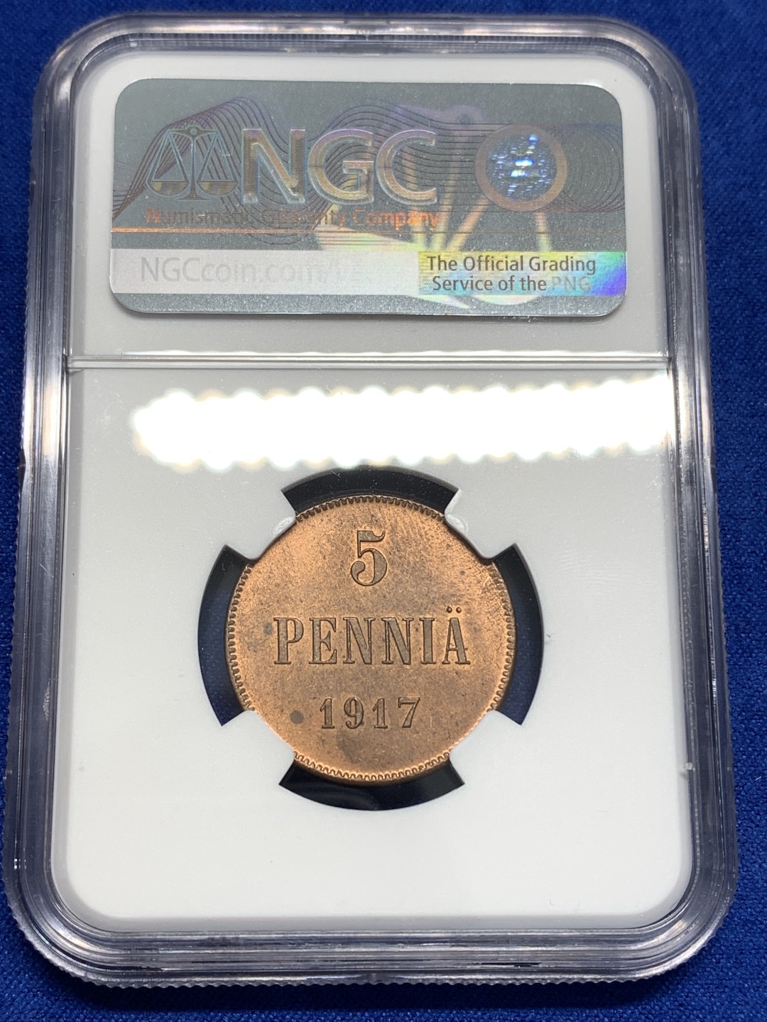 《竞宝斋》第173场-周日，周一2场 (全场包邮) NGC MS64RB 俄属芬兰  1917年 5P铜币