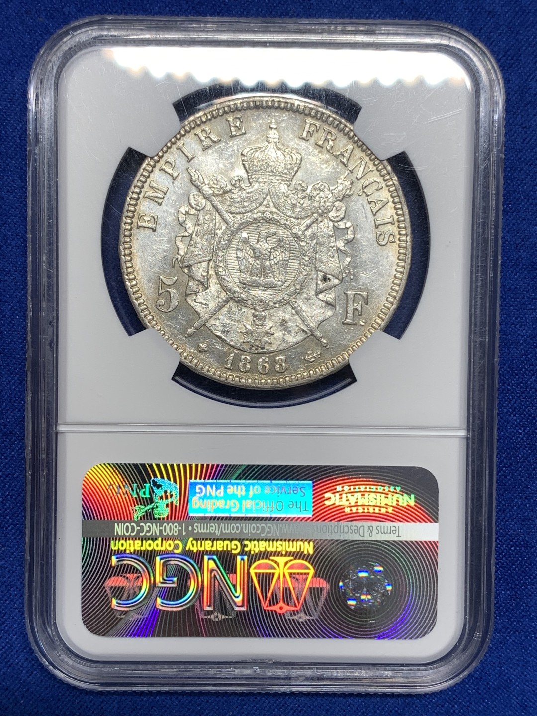 《竞宝斋》第173场-周日，周一2场 (全场包邮) NGC MS61 法国1868年拿破仑三世5法郎 原光 状态不错