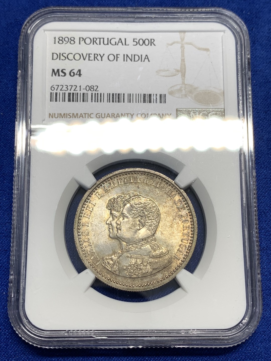 《竞宝斋》第173场-周日，周一2场 (全场包邮) NGC-MS64 葡萄牙1898年 戎装 500瑞斯大银币 带彩包浆 非常漂亮