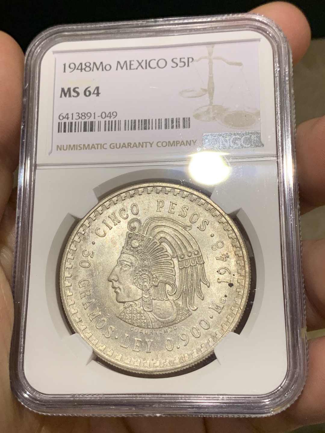 《竞宝斋》第173场-周日，周一2场 (全场包邮) NGC-MS64 墨西哥1948年 印第安人头像 5比索大银币 好品