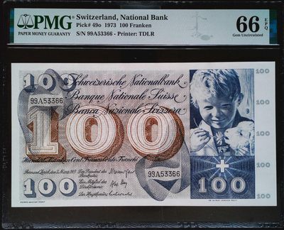 世界靓号纸钞第二十一期 - 1973年瑞士100法郎 割袍 靓号双对子号 PMG66