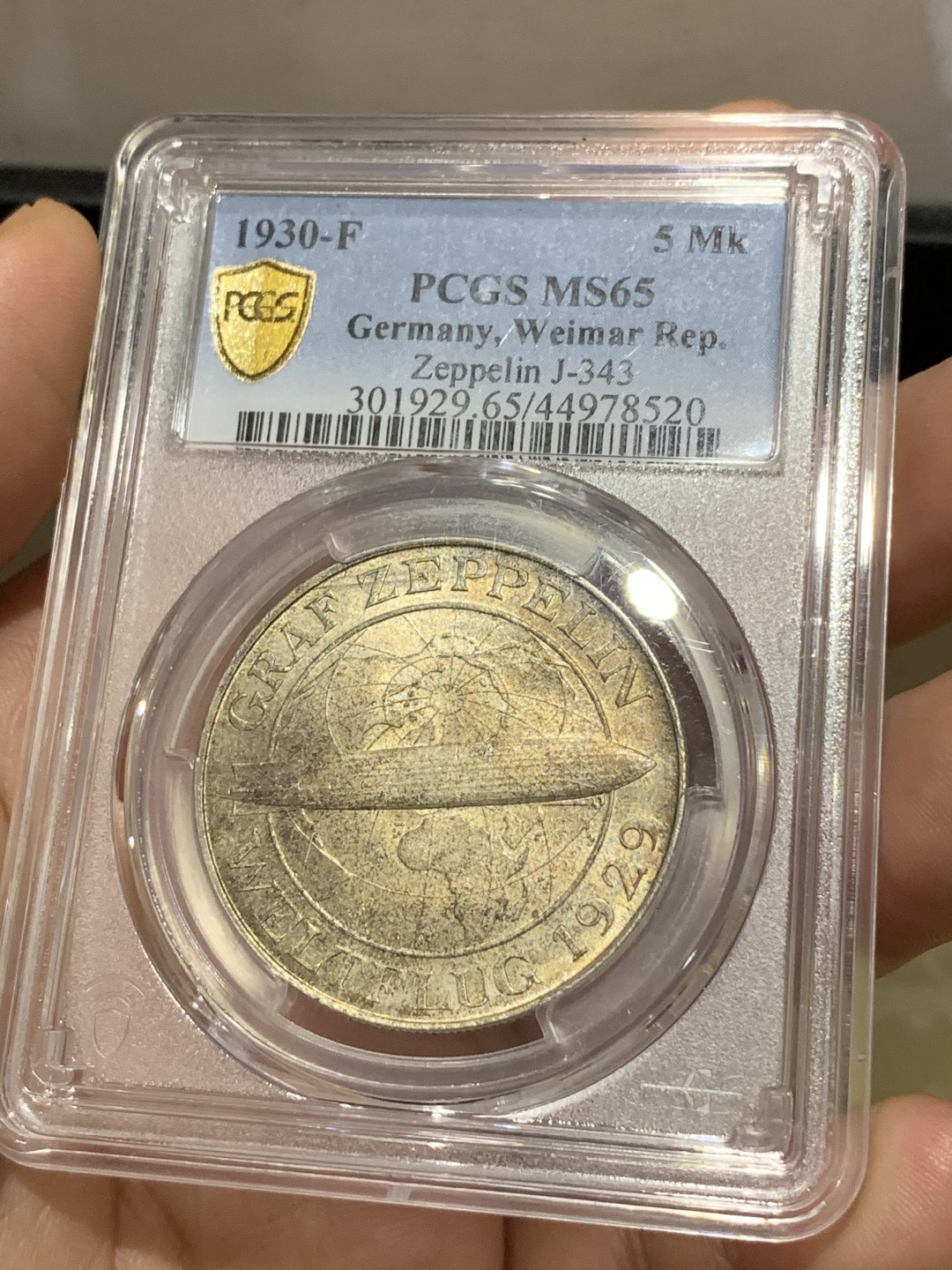 《竞宝斋》第173场-周日，周一2场 (全场包邮) PCGS MS65 1930年 德国 齐柏林飞艇环游世界纪念5马克银币 金色包浆 顶级分数