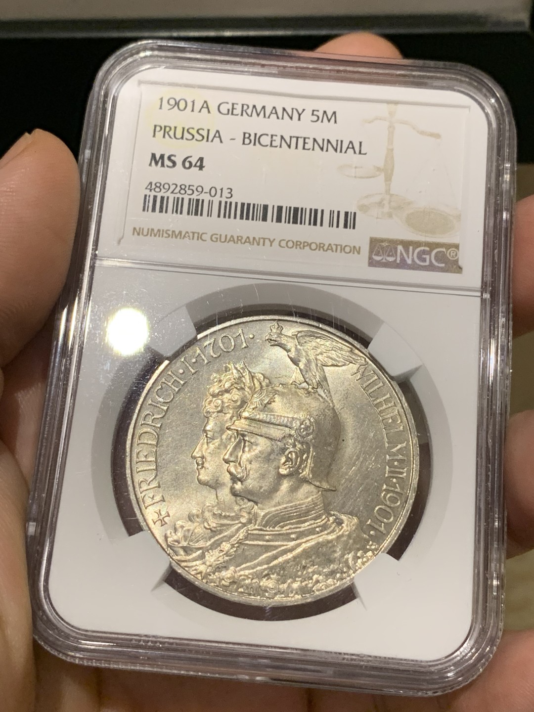 《竞宝斋》第173场-周日，周一2场 (全场包邮) NGC-MS64 德国 普鲁士1901建国200周年 5马克银币，车轮转光，难得的好品