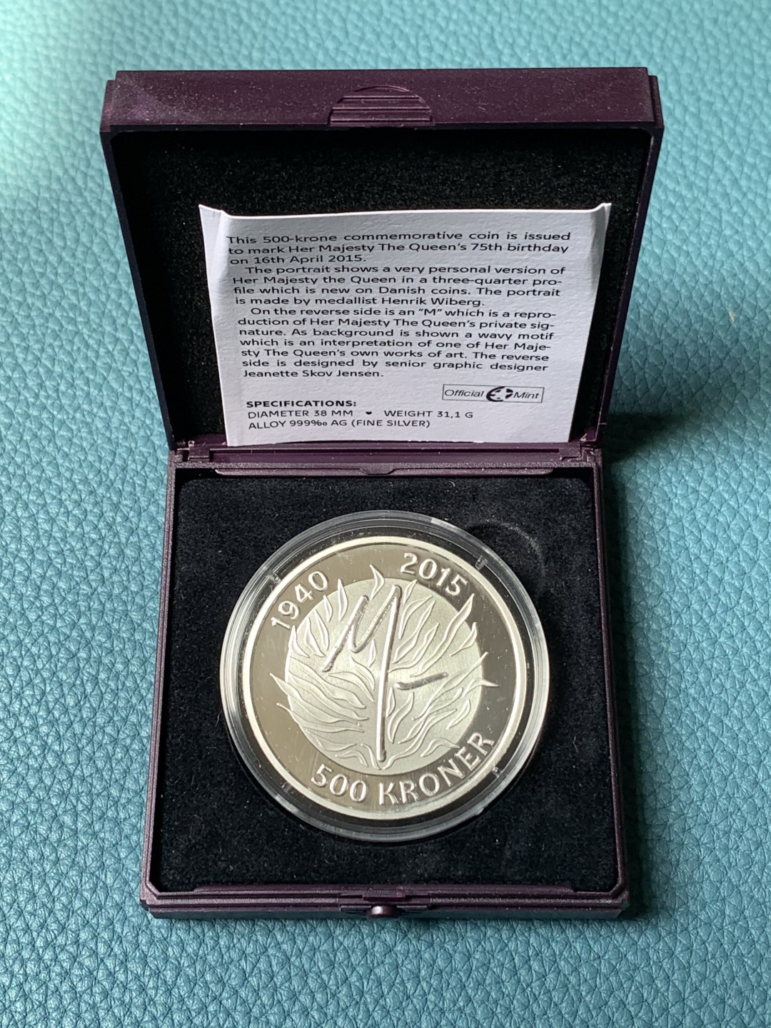 《竞宝斋》第173场-周日，周一2场 (全场包邮) 原盒证书 丹麦2015年 500克朗精制大银币 31.1克 纯银