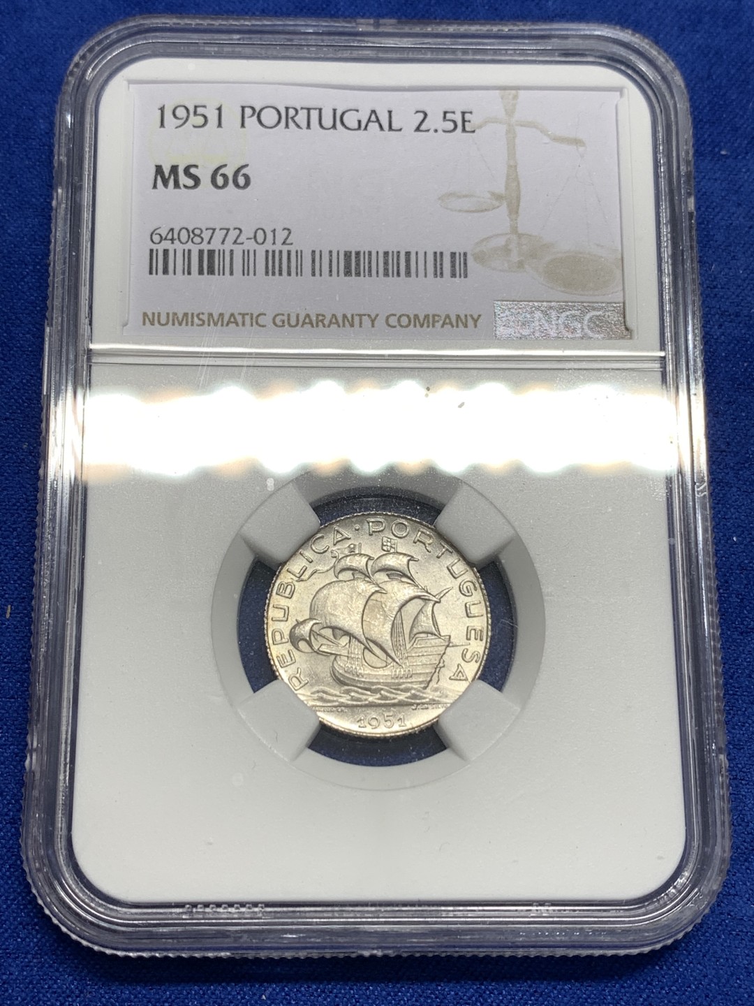 《竞宝斋》第173场-周日，周一2场 (全场包邮) NGC MS66 葡萄牙1951大帆船 2.5埃斯库多银币 极美品