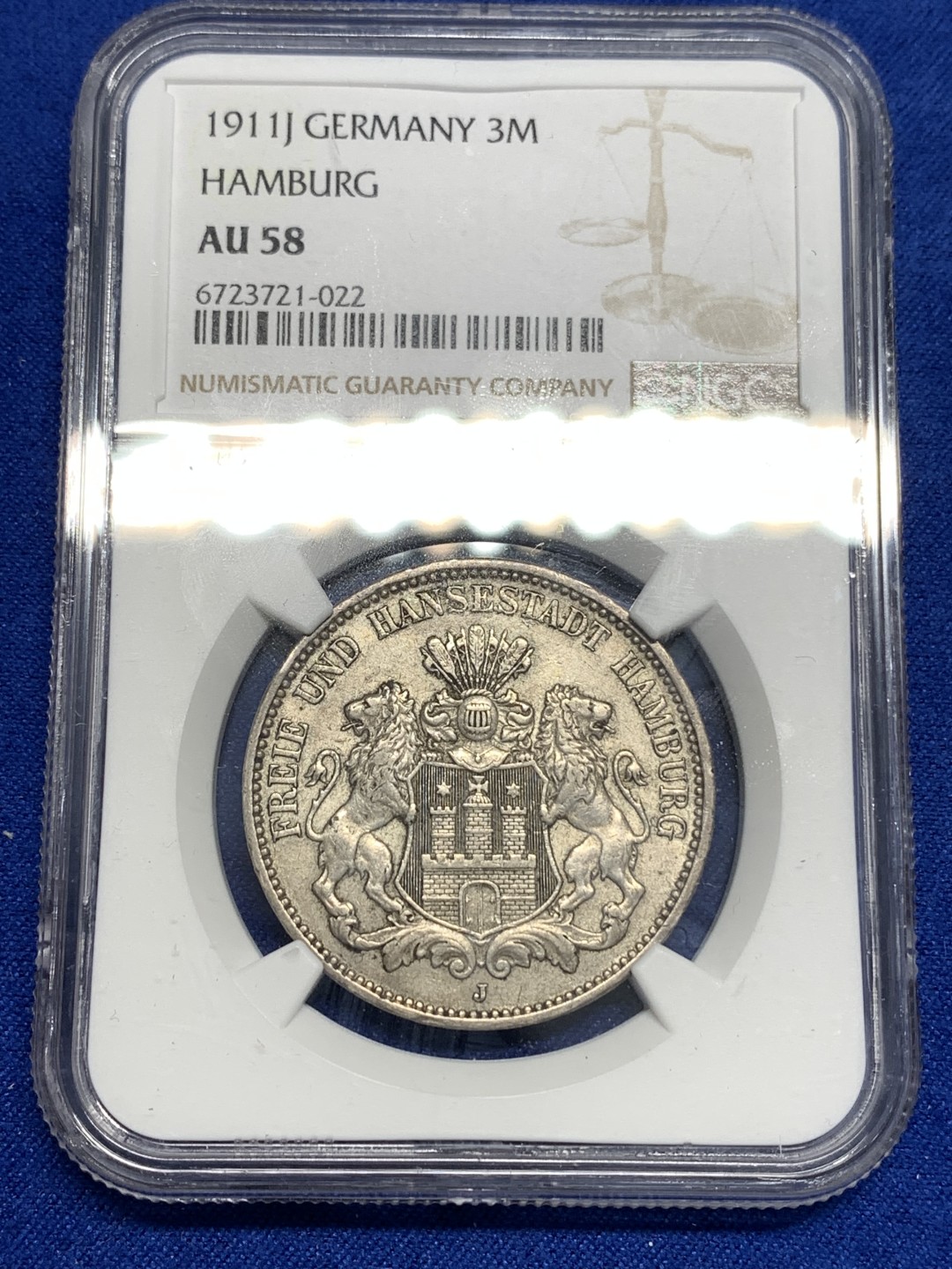 《竞宝斋》第173场-周日，周一2场 (全场包邮) NGC-AU58 德国 1911年 汉堡双狮3马克银币 原味包浆