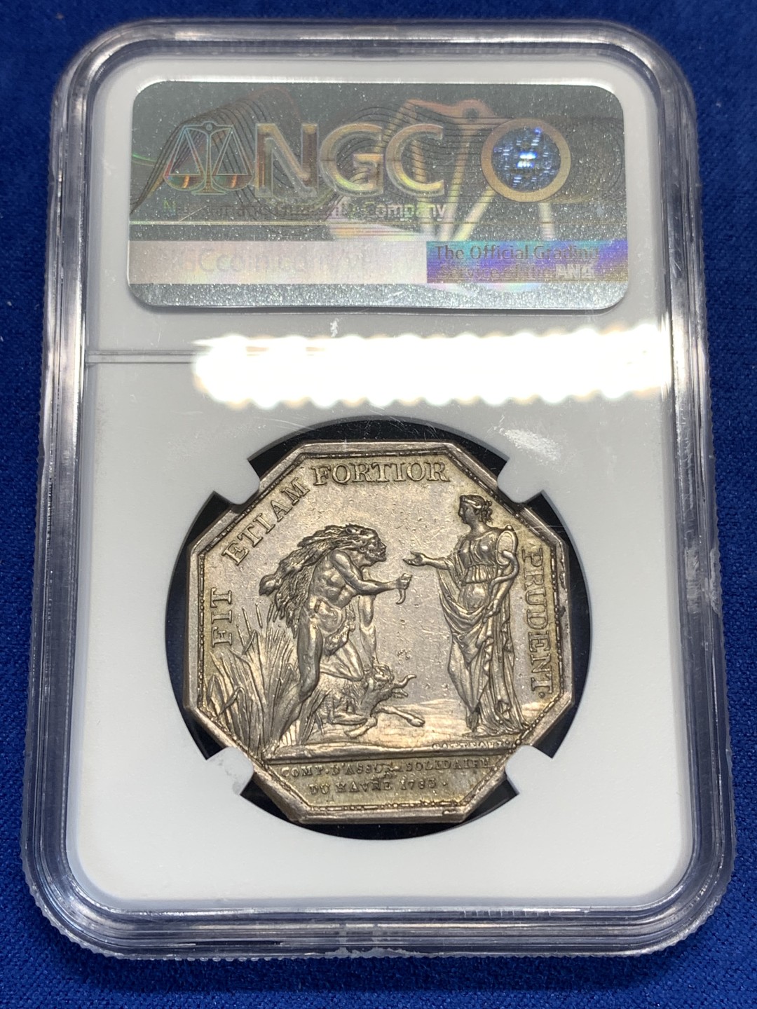 《竞宝斋》第173场-周日，周一2场 (全场包邮) NGC AU55 罕见 1783 勒阿弗尔保险 八角银制代币 早期品种 背面惊人