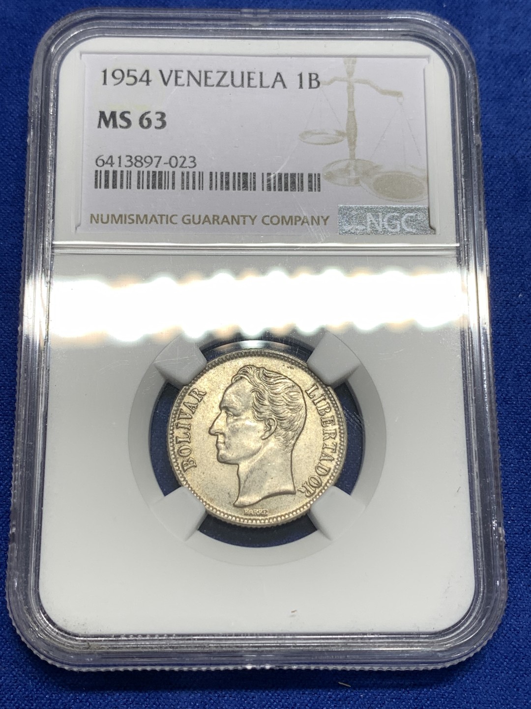 《竞宝斋》第173场-周日，周一2场 (全场包邮) NGC-MS63 委内瑞拉1954年 1玻利瓦尔银币 好品