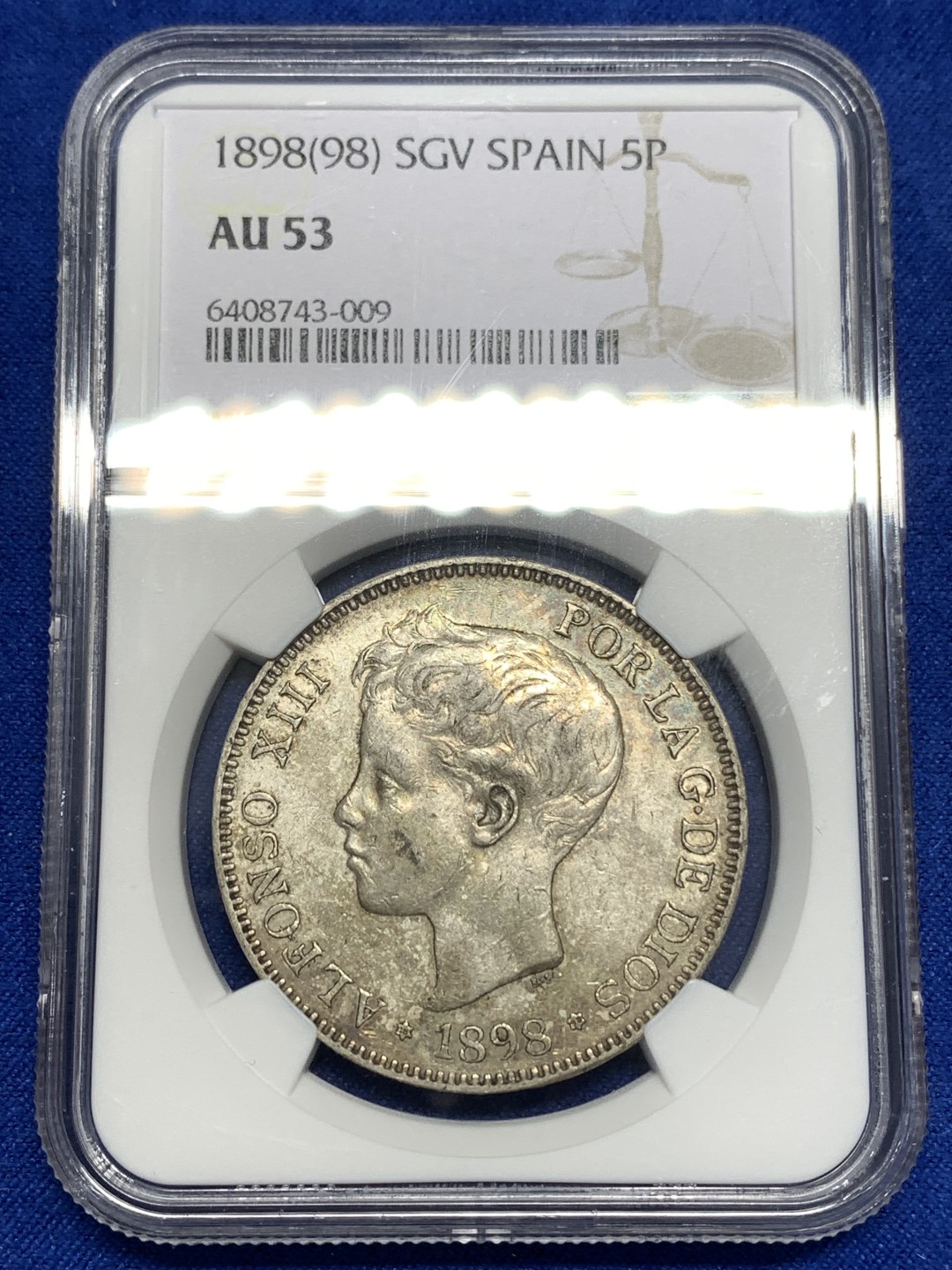 《竞宝斋》第173场-周日，周一2场 (全场包邮) NGC-AU53 西班牙 1898年 阿方索十三世 小男孩头像 5比塞塔 银币 黄油彩