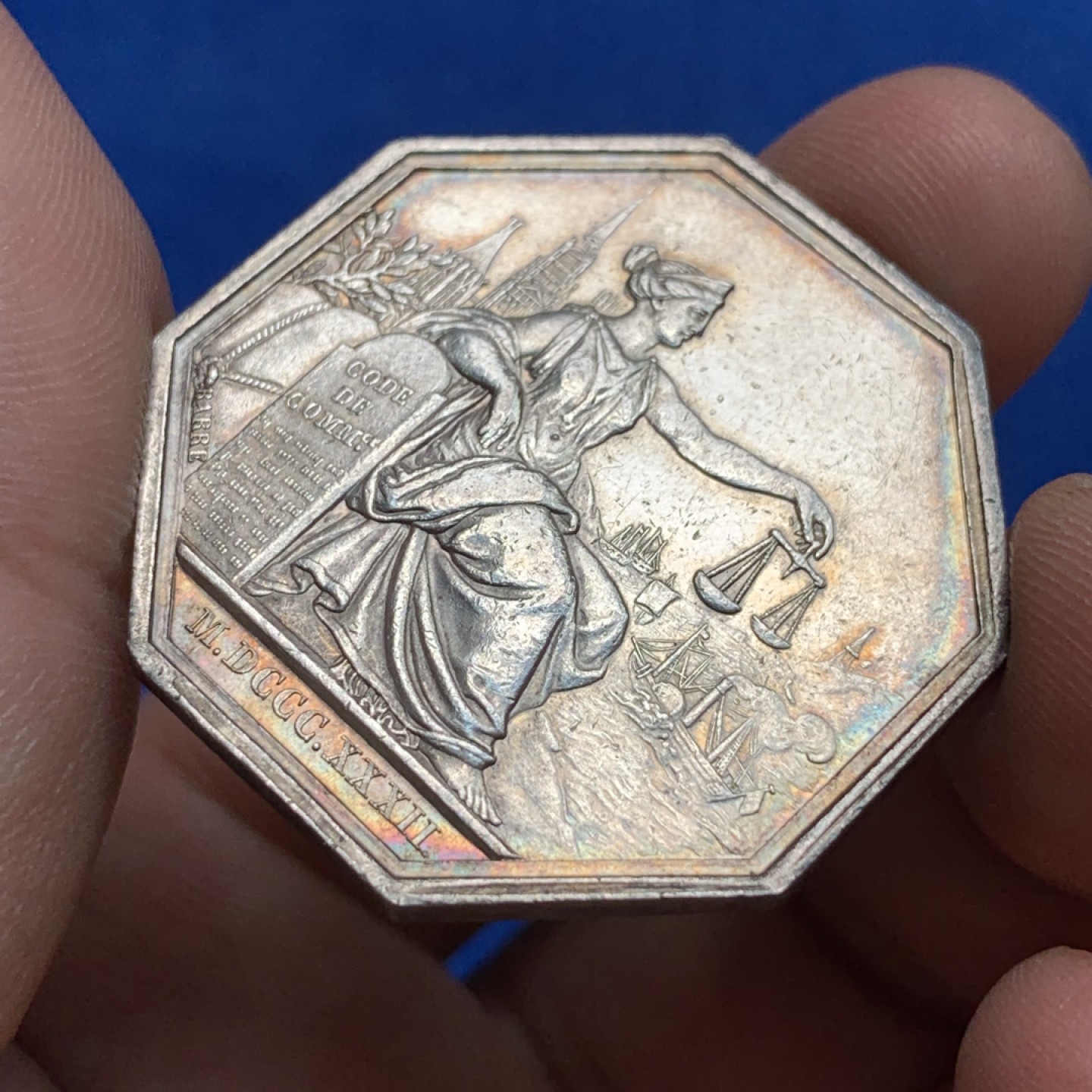 《竞宝斋》第173场-周日，周一2场 (全场包邮) 法国八角银质代币，鲁昂商事法院，19.9g，36.1mm，蜜蜂边铭