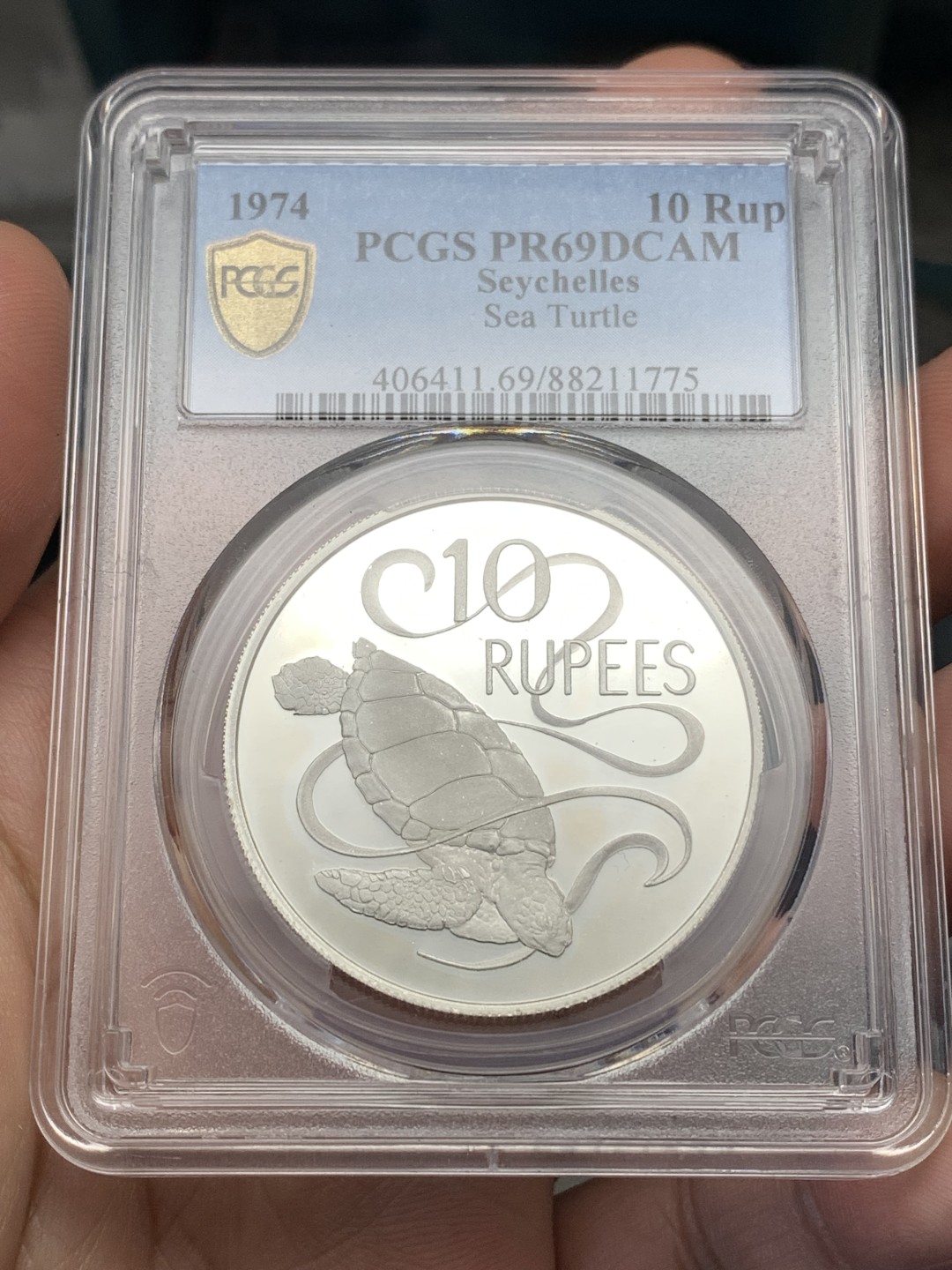 《竞宝斋》第173场-周日，周一2场 (全场包邮) PCGS PR69DC 塞舌尔 1974年 10卢比 海龟精制银币