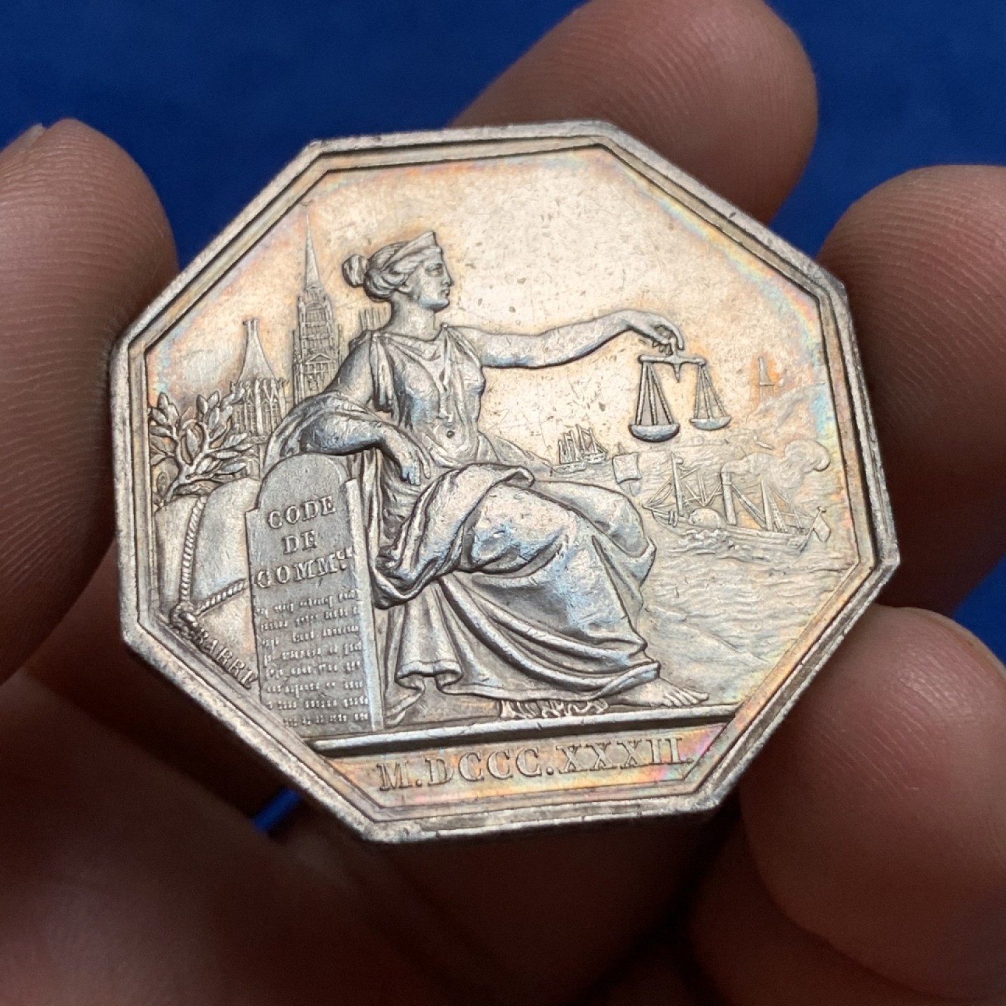 《竞宝斋》第173场-周日，周一2场 (全场包邮) 法国八角银质代币，鲁昂商事法院，19.9g，36.1mm，蜜蜂边铭