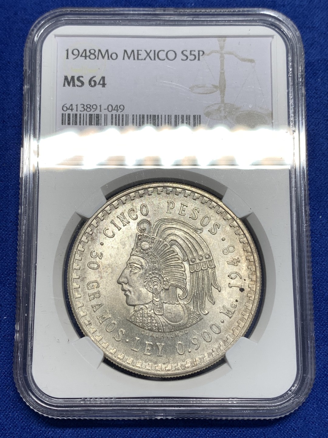 《竞宝斋》第173场-周日，周一2场 (全场包邮) NGC-MS64 墨西哥1948年 印第安人头像 5比索大银币 好品