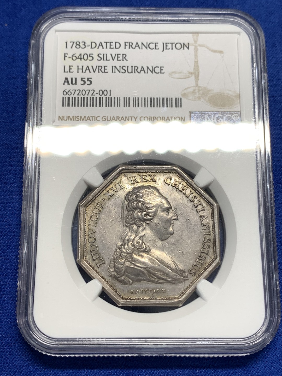 《竞宝斋》第173场-周日，周一2场 (全场包邮) NGC AU55 罕见 1783 勒阿弗尔保险 八角银制代币 早期品种 背面惊人