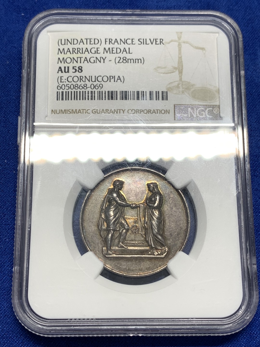 《竞宝斋》第173场-周日，周一2场 (全场包邮) NGC AU58 法国 结婚纪念银章 黑金彩 未刻字 少见花枝 少见版别