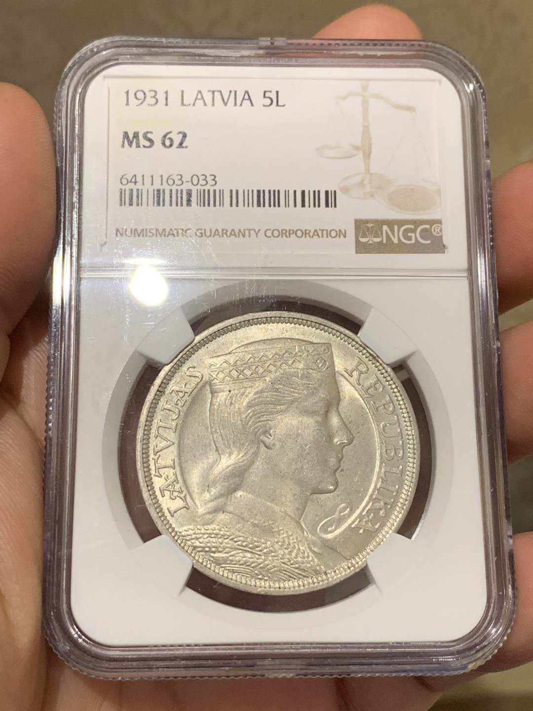 《竞宝斋》第173场-周日，周一2场 (全场包邮) NGC MS62 拉脱维亚 1931年 5拉特 美女大银币 外拍热门品种 价格洼地