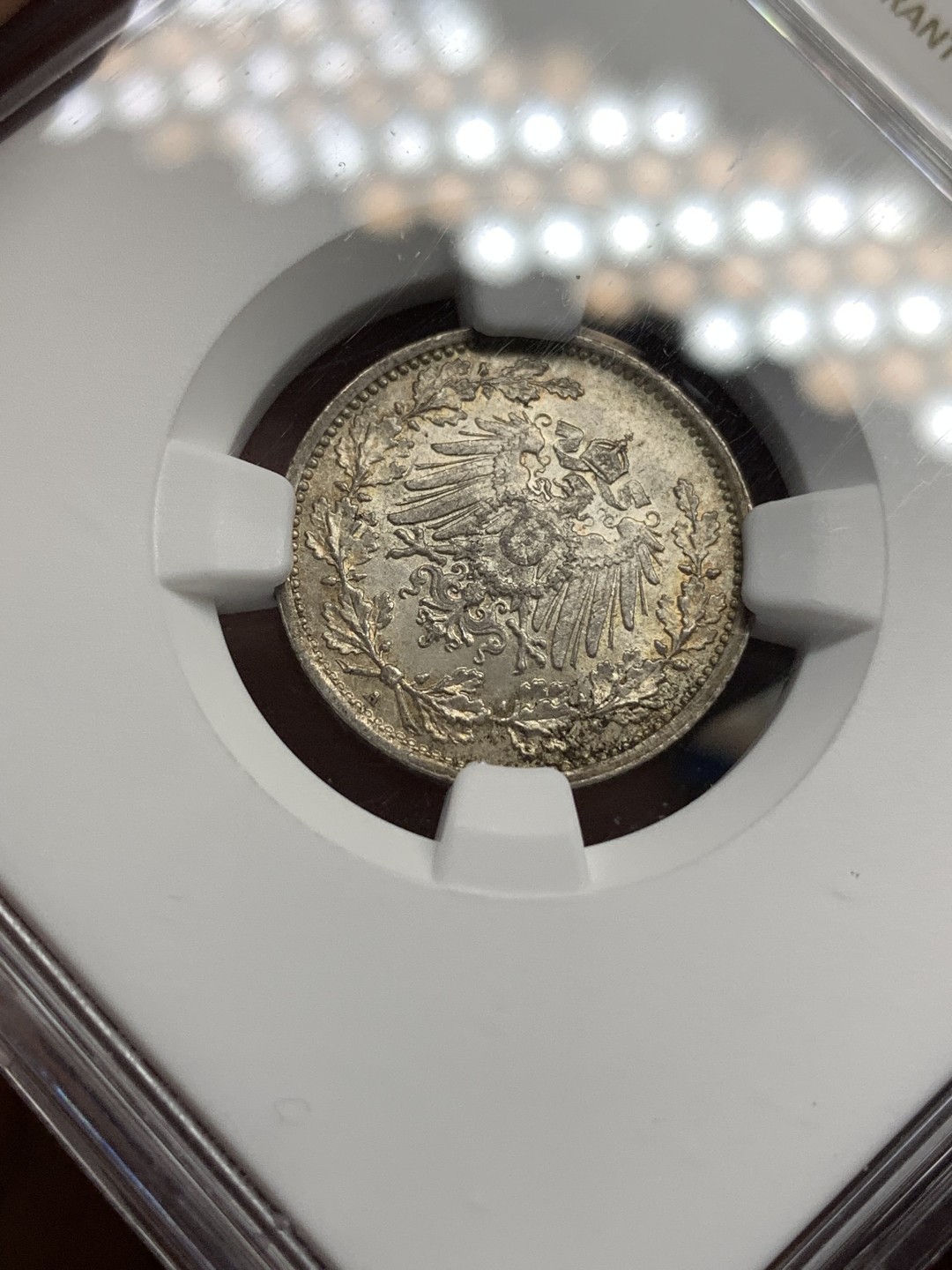 《竞宝斋》第173场-周日，周一2场 (全场包邮) NGC MS65 德国 1916年 1/2马克 银币 双面五彩包浆 非常不错