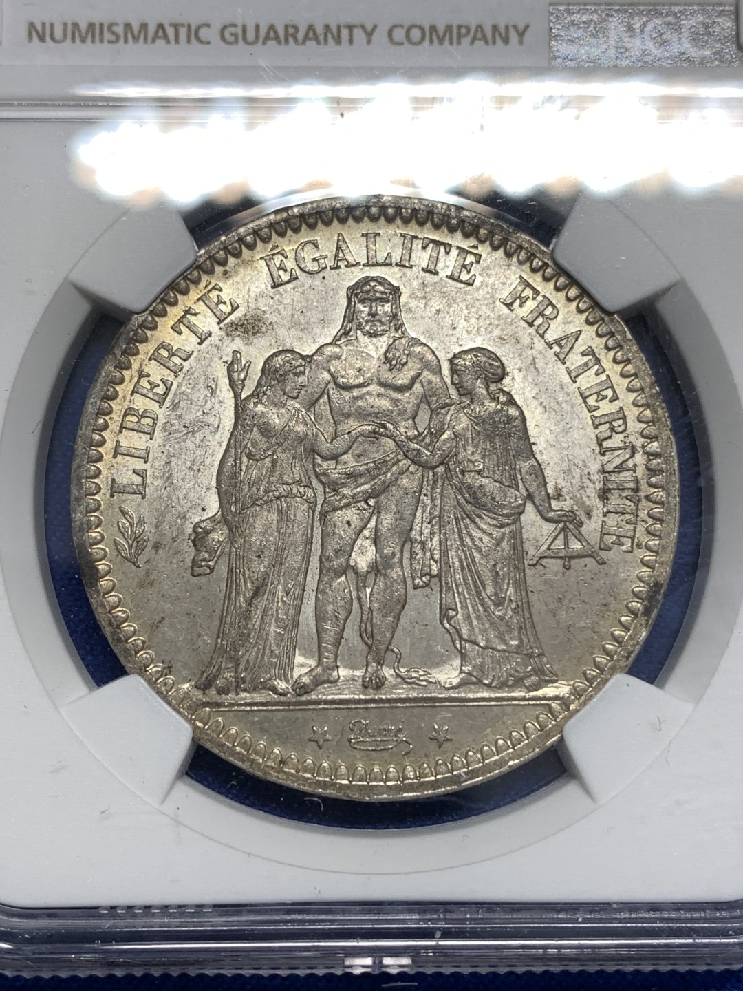 《竞宝斋》第173场-周日，周一2场 (全场包邮) NGC MS61 法国 1873年 大力神 5法郎银币 双面带彩 底光好