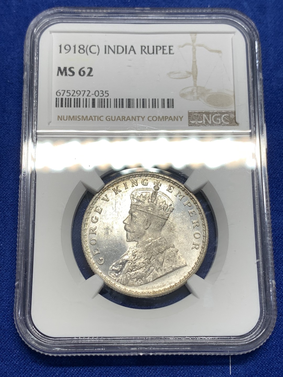 《竞宝斋》第173场-周日，周一2场 (全场包邮) NGC MS62 印度 乔五 1918C 1卢比 银币 底光很不错