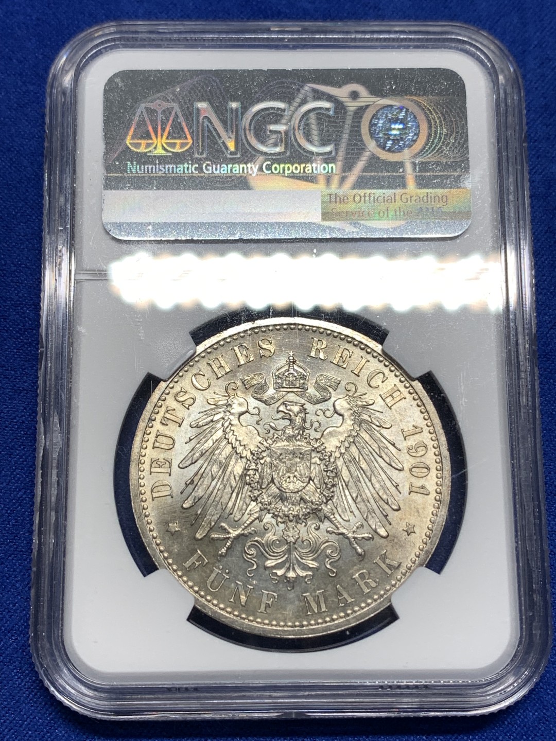 《竞宝斋》第173场-周日，周一2场 (全场包邮) NGC-MS64 德国 普鲁士1901建国200周年 5马克银币，车轮转光，难得的好品