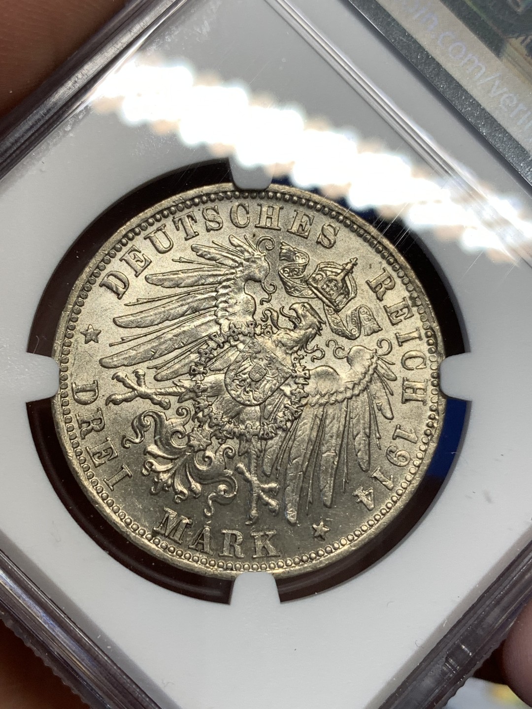 《竞宝斋》第173场-周日，周一2场 (全场包邮) NGC-MS63 德国1914D巴伐利亚3马克银币 转光强烈 较少见邦国马克 足够自藏品相