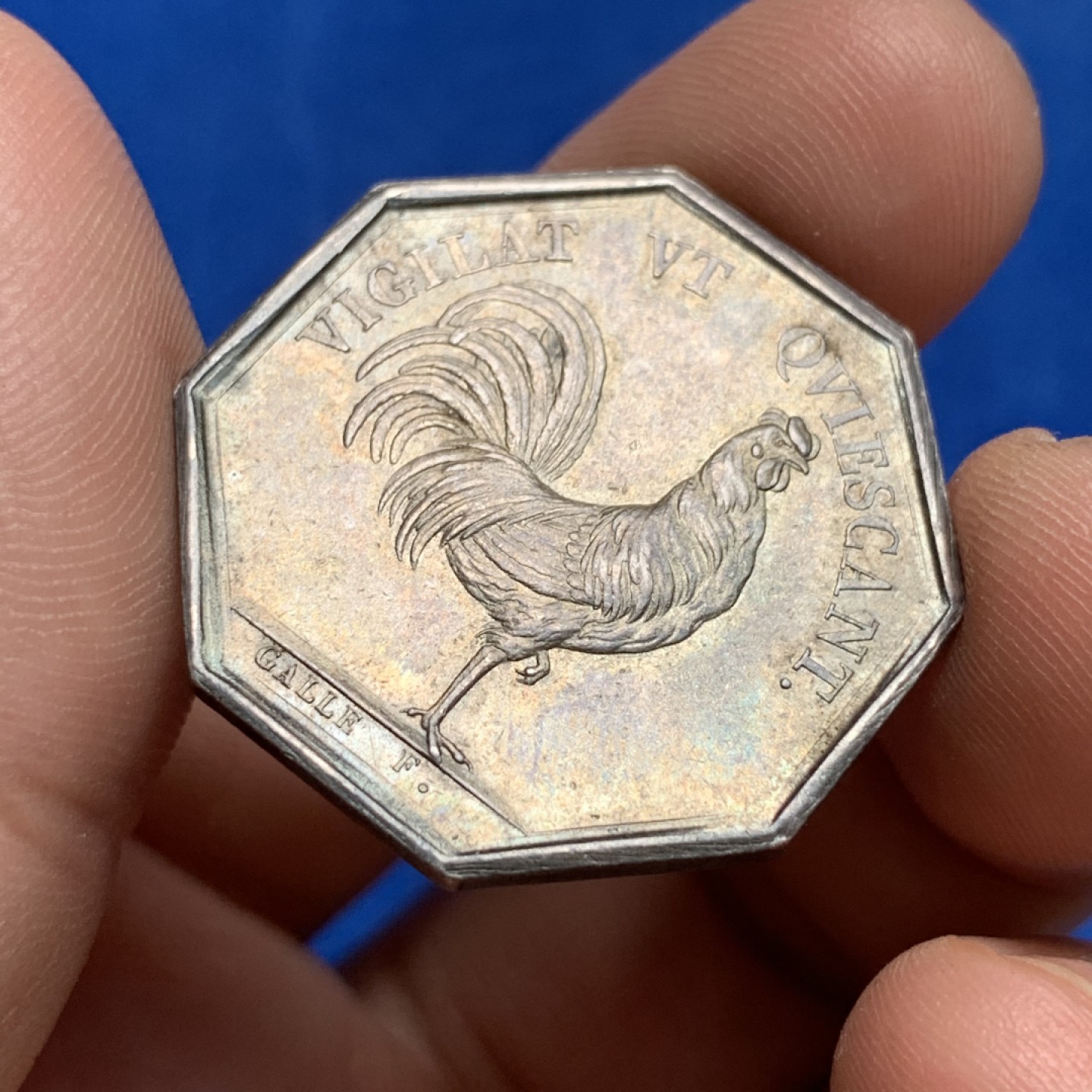 《竞宝斋》第173场-周日，周一2场 (全场包邮) 法国八角银质代币，菲利普一世“警惕的公鸡”，11.8mm，29.7mm，油灯边铭