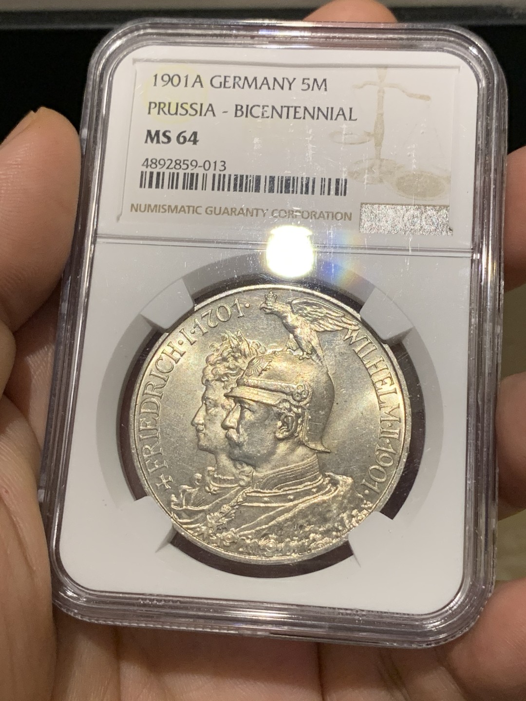 《竞宝斋》第173场-周日，周一2场 (全场包邮) NGC-MS64 德国 普鲁士1901建国200周年 5马克银币，车轮转光，难得的好品