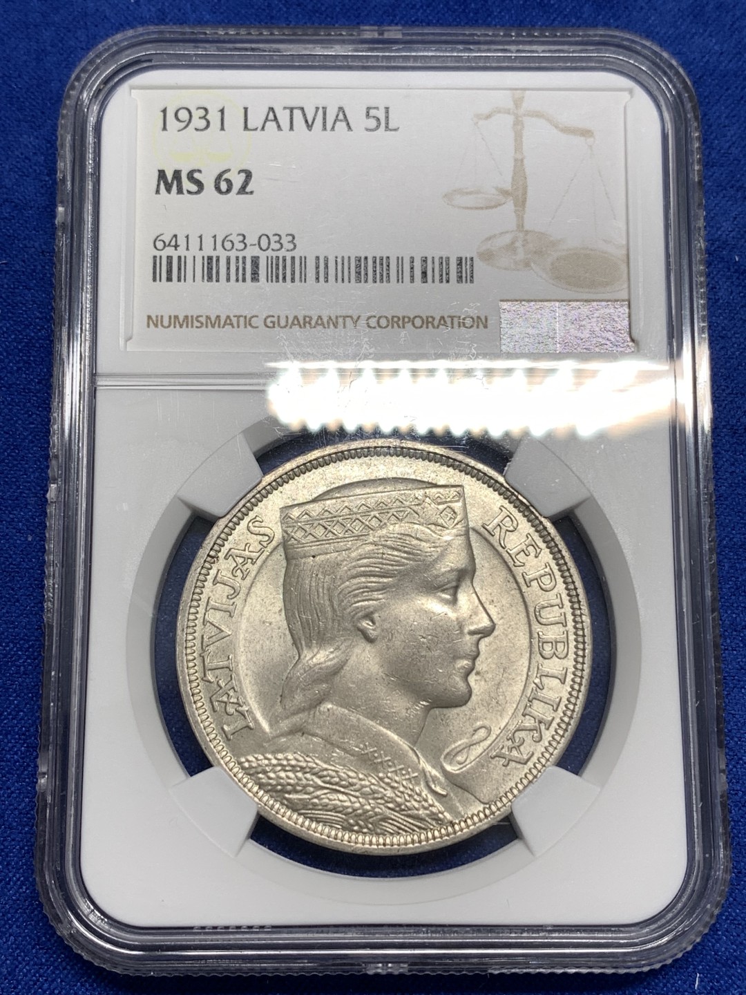 《竞宝斋》第173场-周日，周一2场 (全场包邮) NGC MS62 拉脱维亚 1931年 5拉特 美女大银币 外拍热门品种 价格洼地