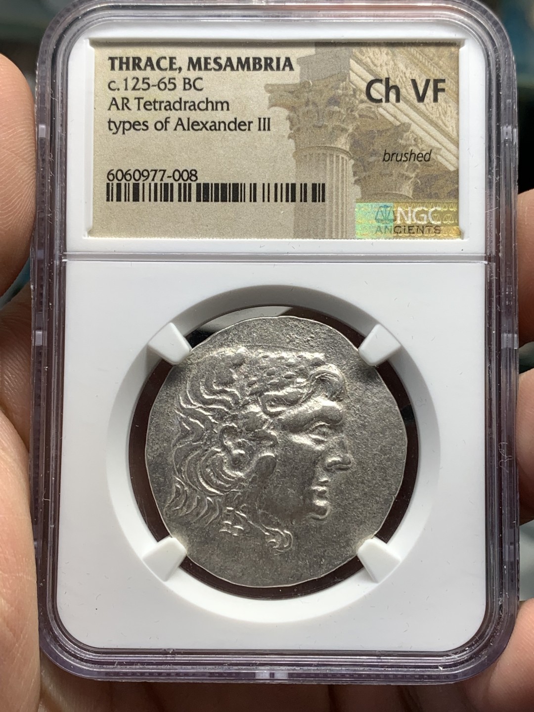 《竞宝斋》第173场-周日，周一2场 (全场包邮) NGC-Ch VF 古希腊色雷斯梅桑布里亚 公元前125-65年 四德拉克马 银币 HA成交价在450美元左右，十分稀有的古希腊品种