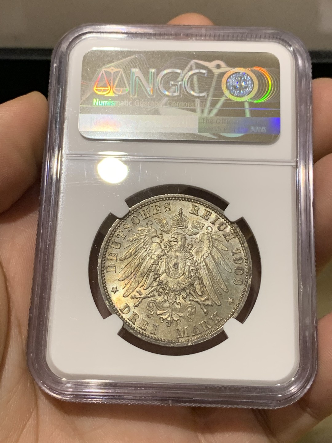 《竞宝斋》第174场-周日，周一2场 (全场包邮) NGC-MS63 德国 安哈特德绍 1909年 3马克 弗里德里希二世 淡彩