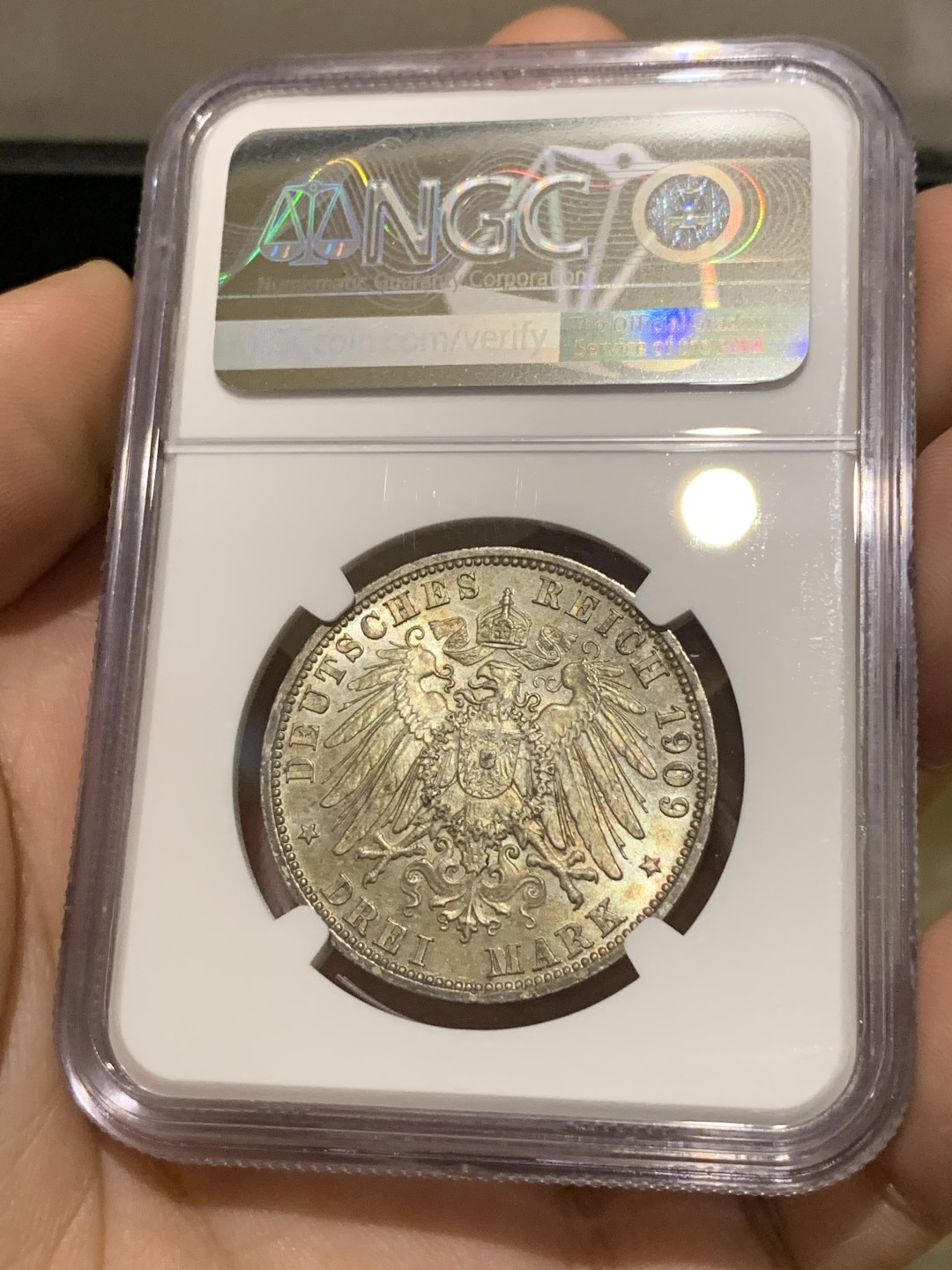 《竞宝斋》第174场-周日，周一2场 (全场包邮) NGC-MS63 德国 安哈特德绍 1909年 3马克 弗里德里希二世 淡彩