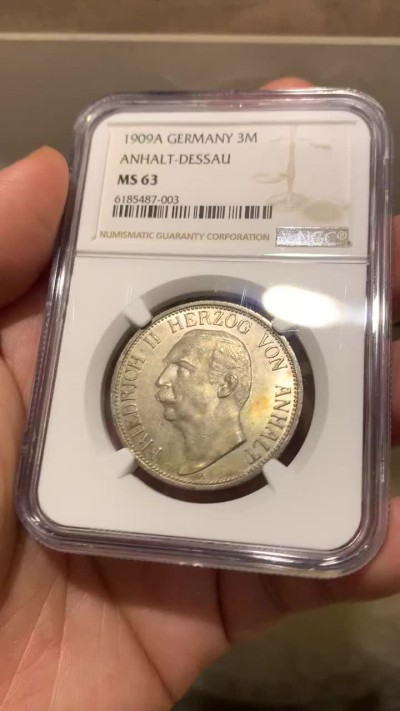 《竞宝斋》第174场-周日，周一2场 (全场包邮) NGC-MS63 德国 安哈特德绍 1909年 3马克 弗里德里希二世 淡彩