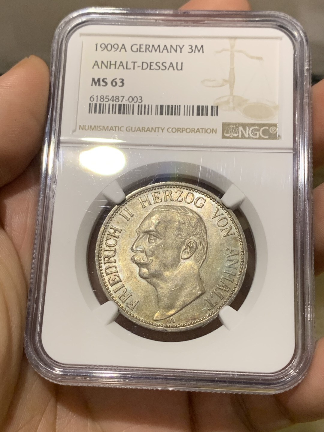 《竞宝斋》第174场-周日，周一2场 (全场包邮) NGC-MS63 德国 安哈特德绍 1909年 3马克 弗里德里希二世 淡彩