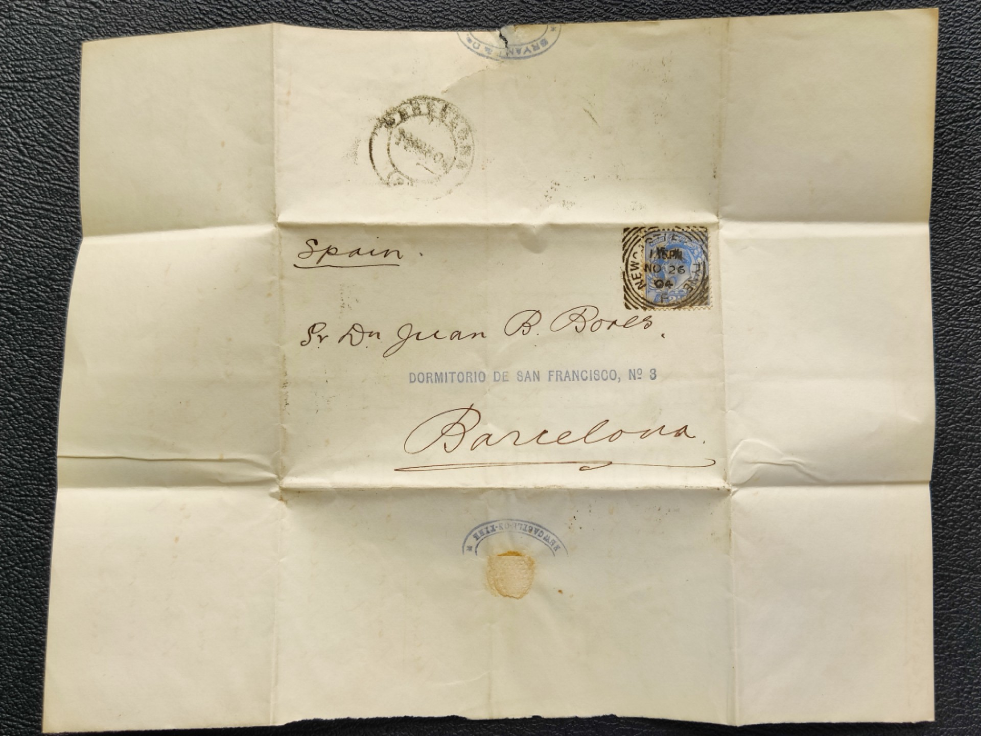 洪涛臻品批发群 精选邮票限时拍卖第七百八十二期  1904.11.26英国寄西班牙 120年的古典实寄封！ 贴维多利亚儿子爱德华七世2.5d邮票