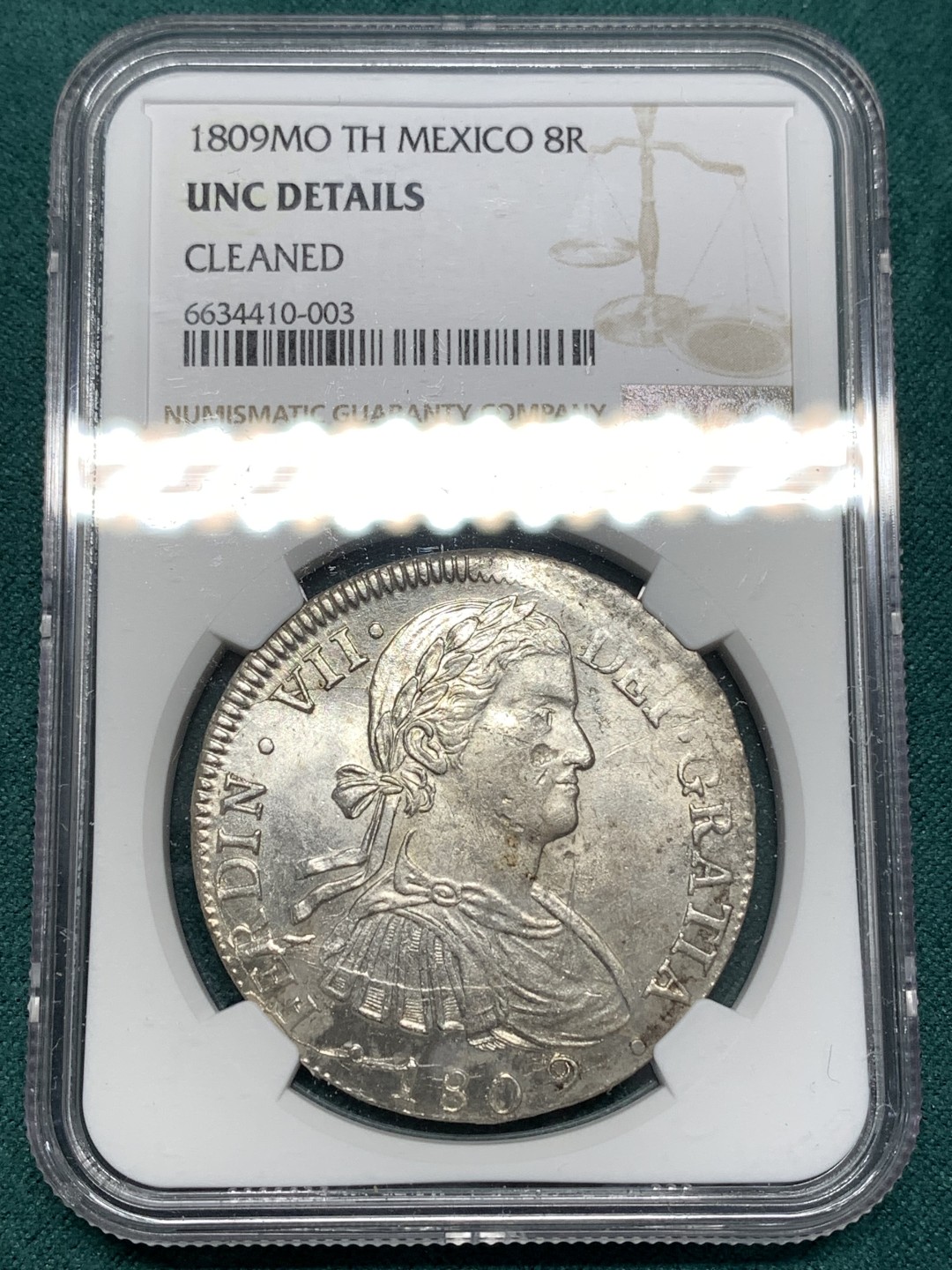《竞宝斋》第174场-周日，周一2场 (全场包邮) NGC UNC 墨西哥 1809 费七 戎装版 臆造头像 8R 双柱大银币