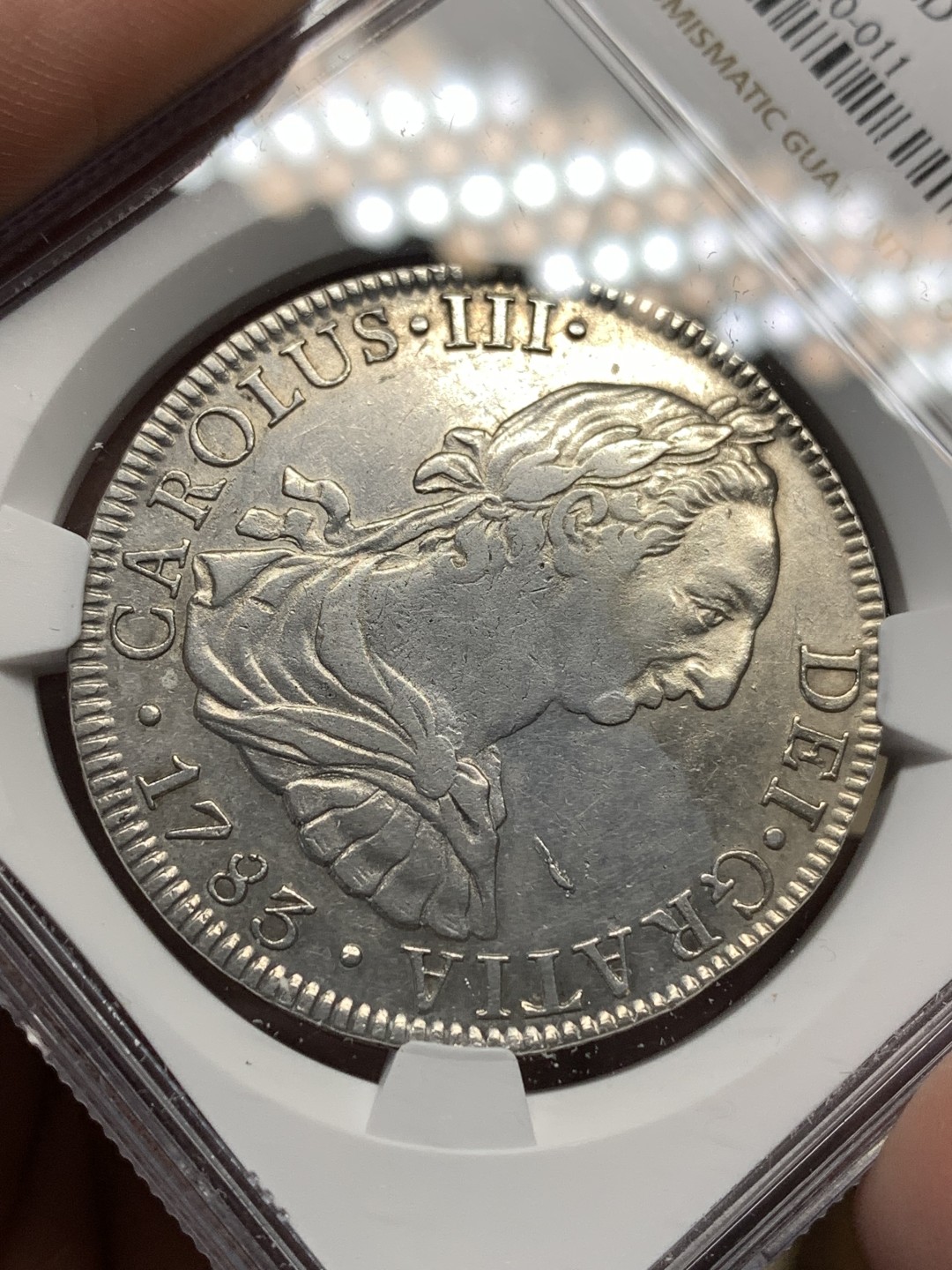 《竞宝斋》第174场-周日，周一2场 (全场包邮) NGC AU 墨西哥1783卡三8R双柱大银币 双面深打 细节很不错