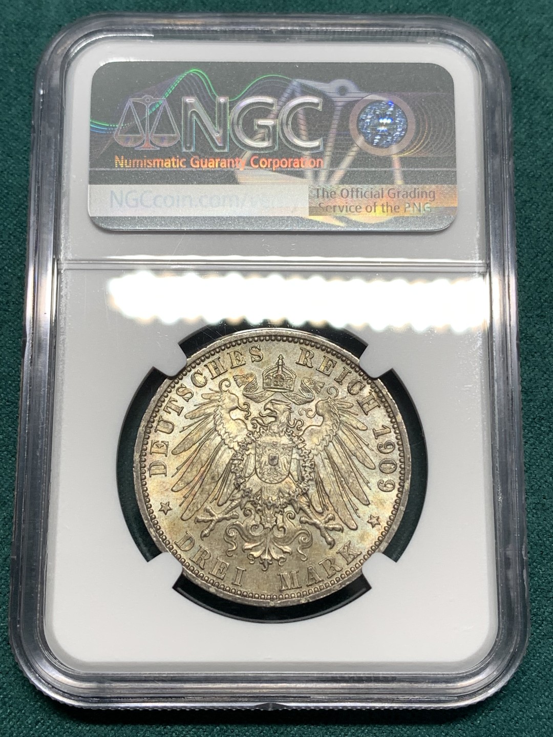 《竞宝斋》第174场-周日，周一2场 (全场包邮) NGC-MS63 德国 安哈特德绍 1909年 3马克 弗里德里希二世 淡彩